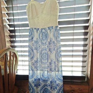 Long blue and white maxi dress